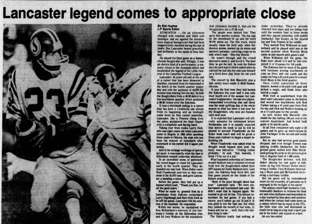 Article in the Regina Leader-Post about Ron Lancaster's final CFL game.