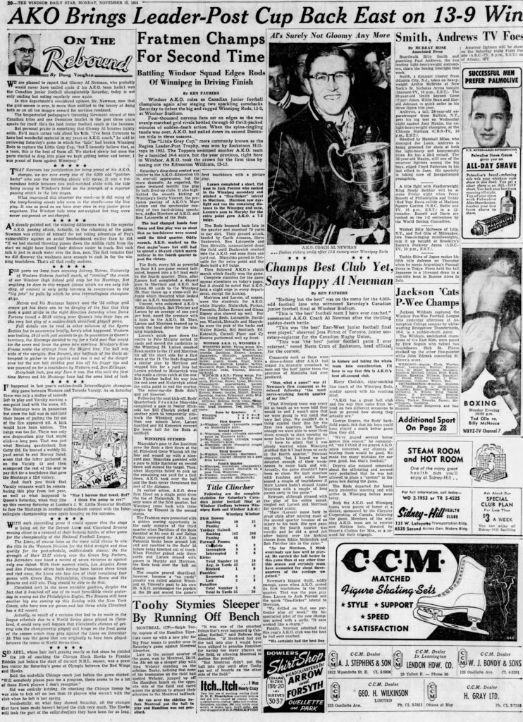 Coverage of the 1954 Canadian junior final in the Windsor Star.