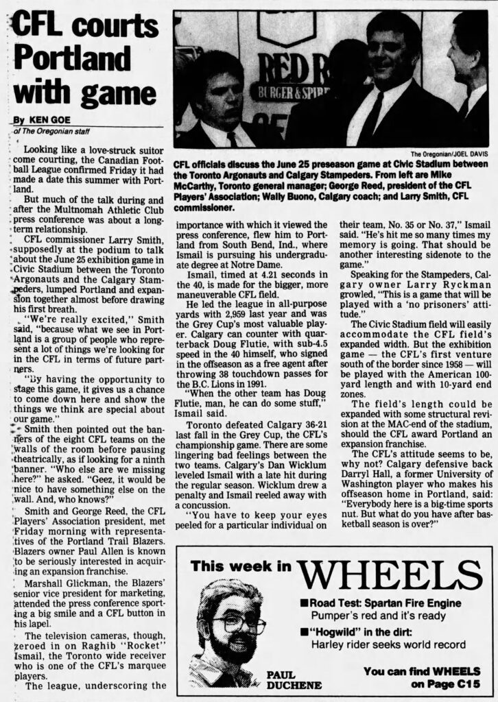 CFL Portland game article in the Oregonian newspaper (1992)