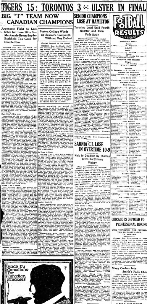 Coverage of the 1920 Grey Cup in the Globe and Mail on December 6, 1920.
