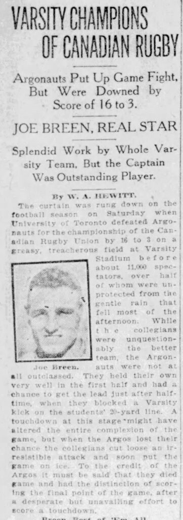 Coverage of the 1920 Grey Cup in the Toronto Star on December 6, 1920.