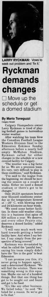 Coverage of the 1993 Western Final in the Calgary Herald (22 November 1993)