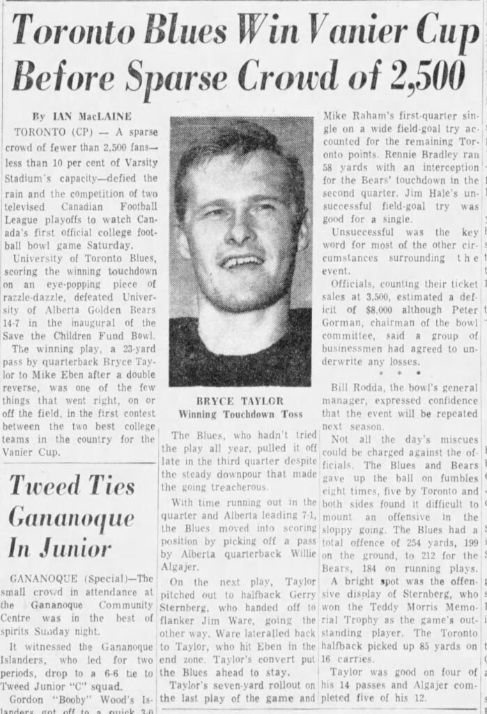 Toronto Blues Win Vanier Cup 1965 CP Article
