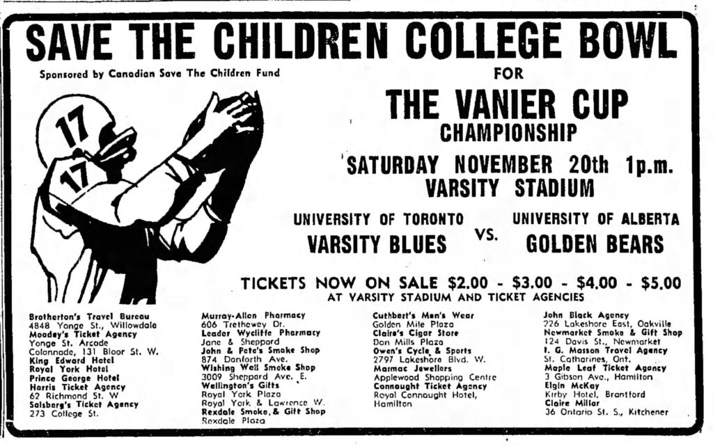 Advertisement in the Globe and Mail  advertising tickets for sale for the Save the Children College Bowl for the Vanier Cup