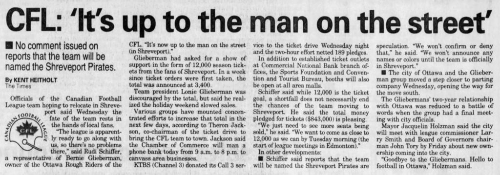 CFL Shreveport Pirates coverage in the Shreveport times