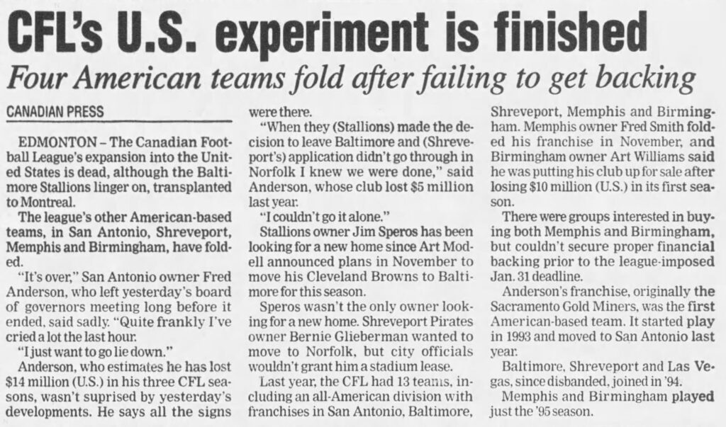 Canadian Press article on the end of CFL U.S. expansion.