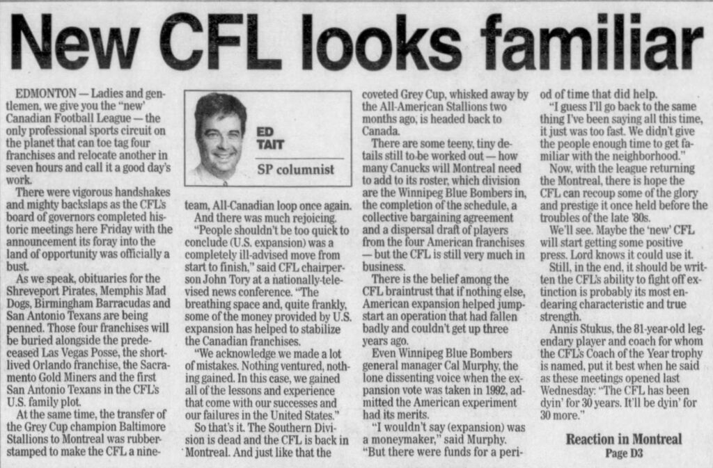 Ed Tait's column about the new, old CFL (Saskatoon Star Phoenix, 3 February 1996).