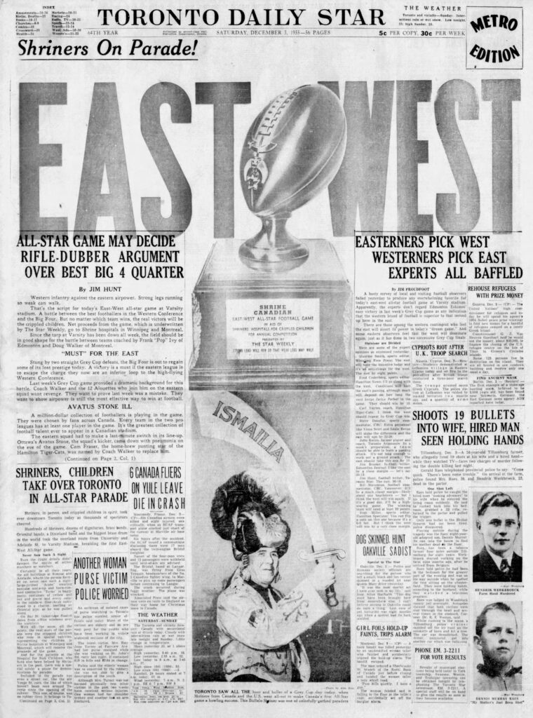 Front page of the Toronto Star on December 3, 1955 previewing the first-ever East-West game.
