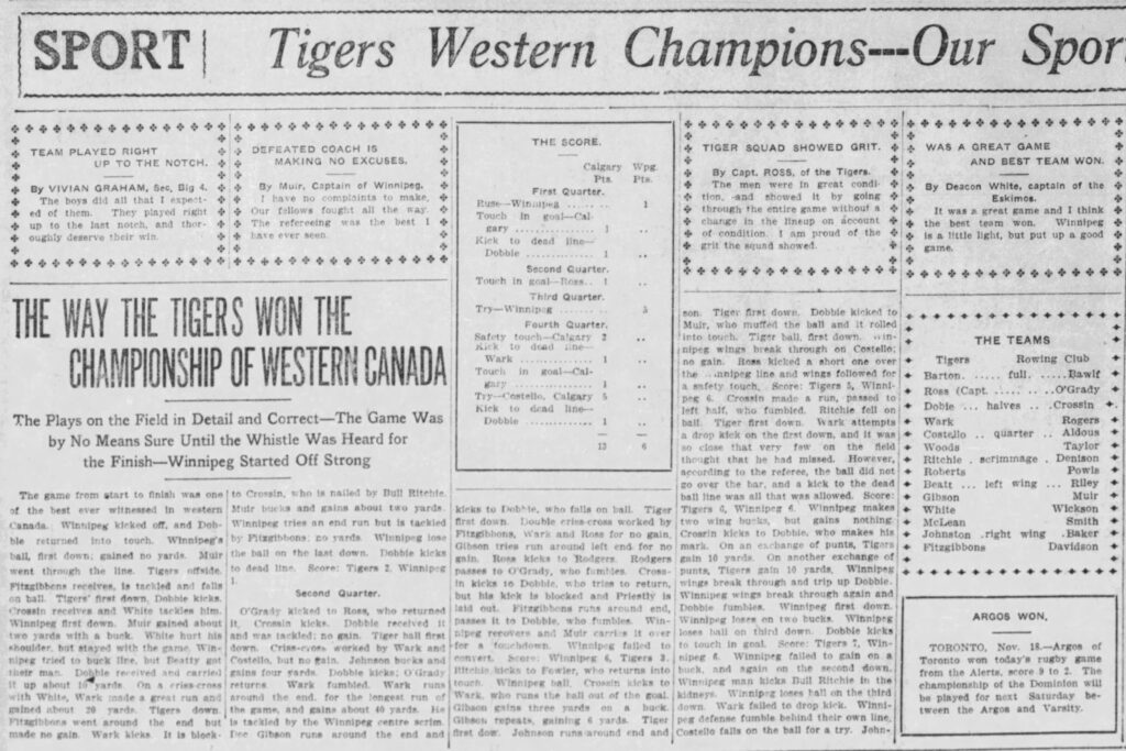 Coverage of the Tigers' win in the Calgary Herald (20 November 1911).