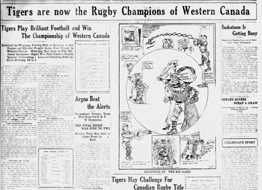 Coverage of the Tigers' win in the Calgary Albertan (20 November 1911).