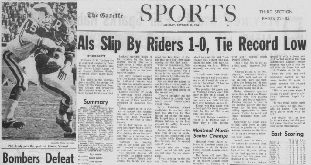 Article in the Montreal Gazette about the Alouettes beating Ottawa 1-0 (31 October 1966)