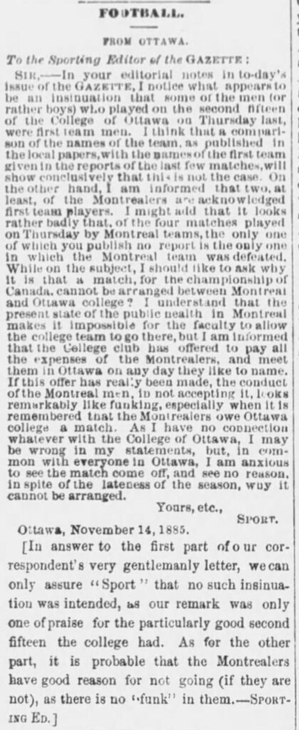Letter from "Sport" accusing the Montreal Football Club of "funking.