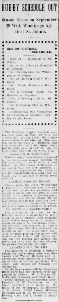 1906 MRFU schedule and points system explained in the Winnipeg Tribune (14 September 1906).