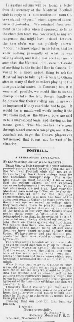 Response to "Sport" from Mr. R. Stirling of the Montreal Football Club.
