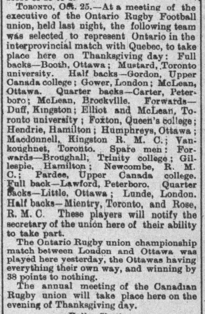 Ontario players selected for the 1885 Inter-provincial Rugby Match, Ottawa defeated London in the ORFU city division. (Hamilton Spectator)