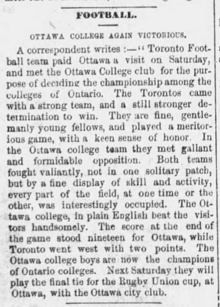 Ottawa College defeats University of Toronto to win the ORFU college division in 1885. 
(Montreal Gazette)