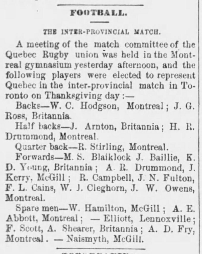 Quebec players selected for the 1885 Inter-provincial Rugby Match. (Montreal Gazette)