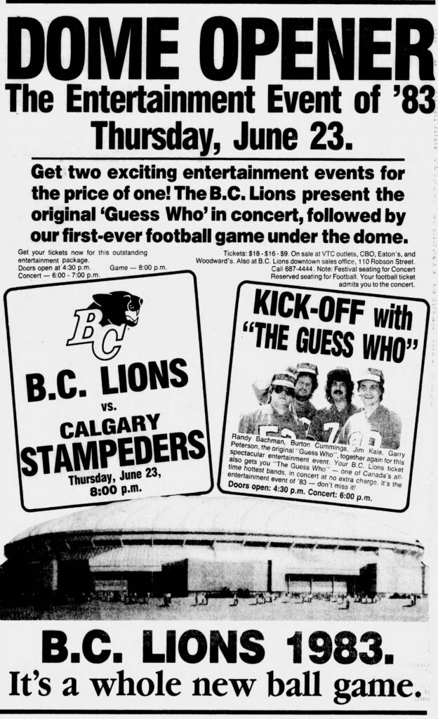 Advertisement for the BC Lions' first game at BC Place Stadium, an exhibition game vs. the Calgary Stampeders (Vancouver Sun, 16 June 1983).