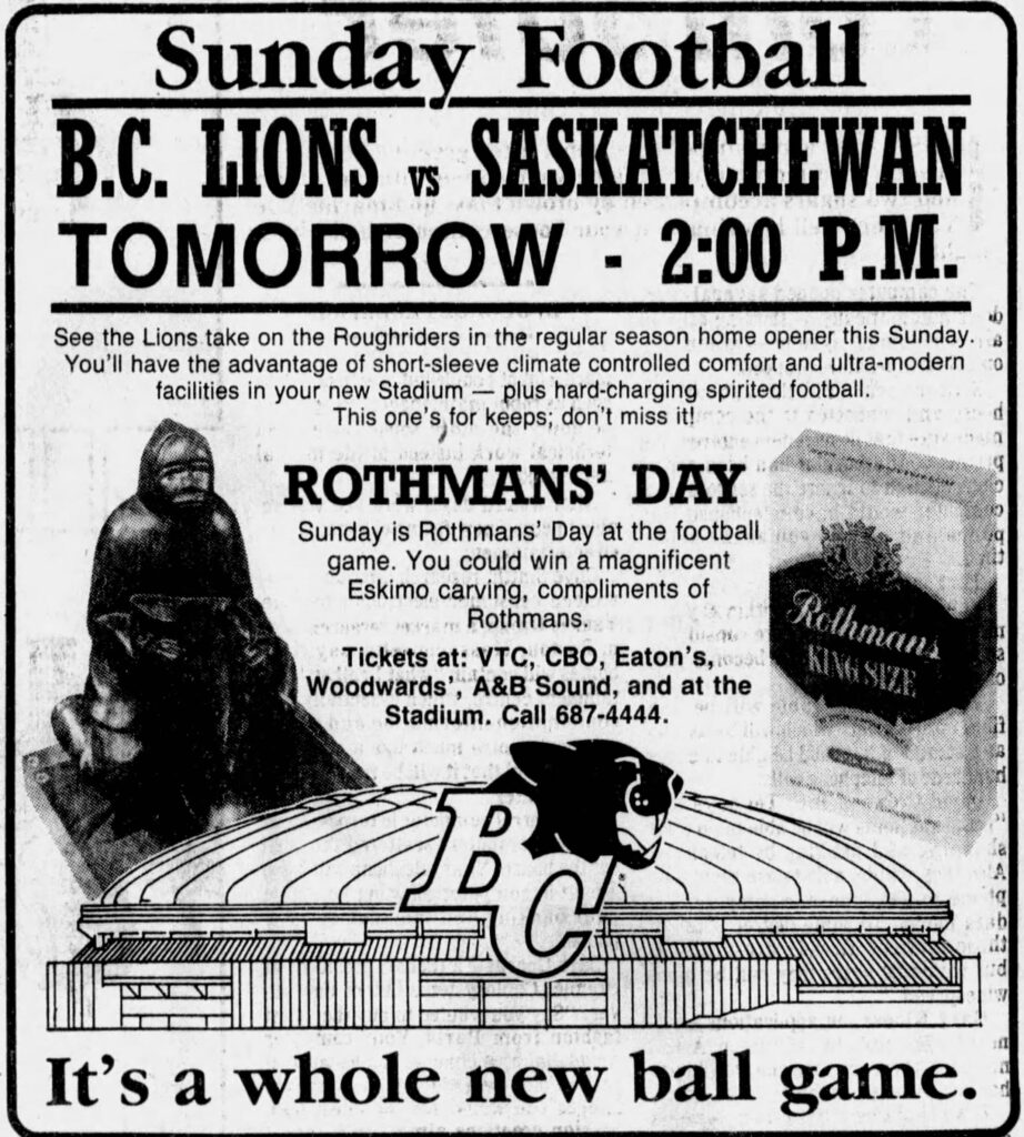 Advertisement for the BC Lions' regular season home opener at BC Place Stadium (Vancouver Sun, 23 July 1983).