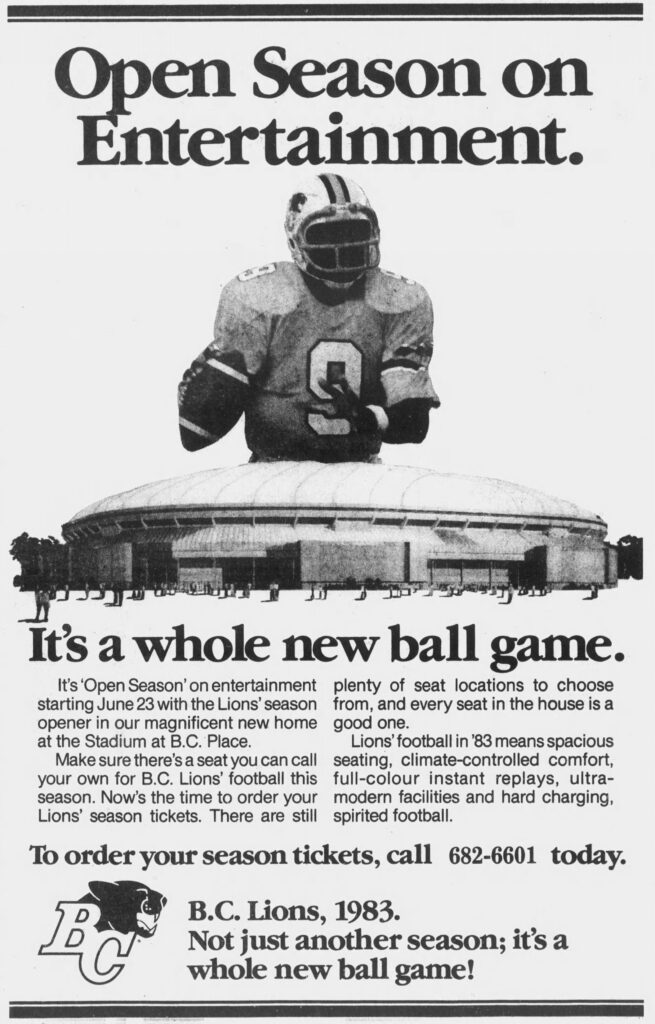 Advertisement for BC Lions season tickets in the Province, 12 June 1983.
