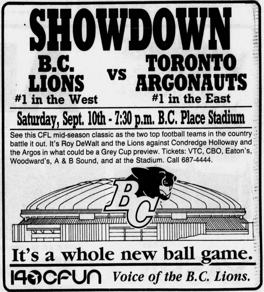 Advertisement for the big game between BC and Toronto (Vancouver Sun, 8 September 1983).