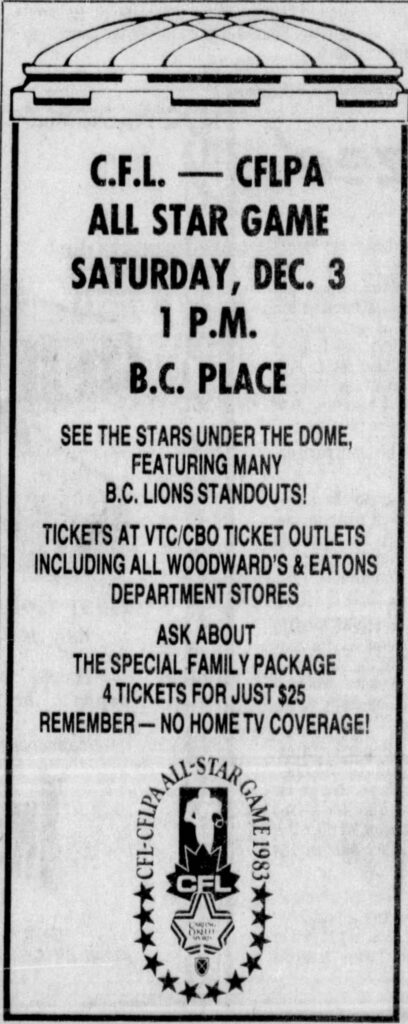 Advertisement for the 1983 CFL-CFLPA All-Star Game (Vancouver Sun, 2 December 1983).