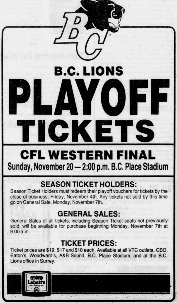 Ad for Western Final tickets (The Province, 30 October 1983).