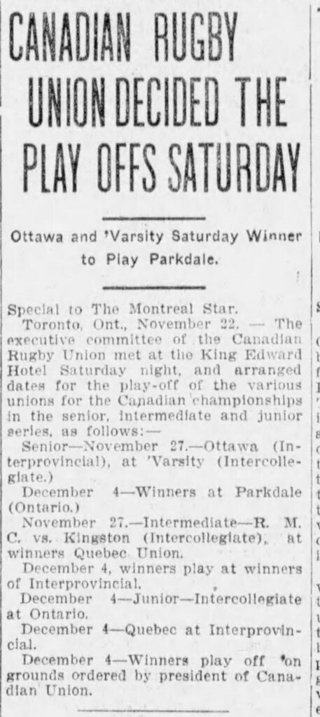 Canadian Rugby Union Decided the Play Offs Saturday (Montreal Star)