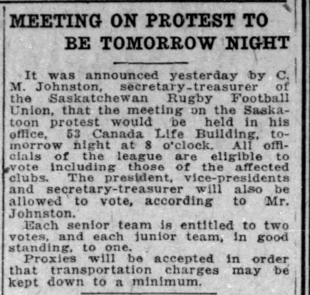 Notice of meeting published in the Regina Leader-Post to hear protest by Saskatoon (31 October 1921).