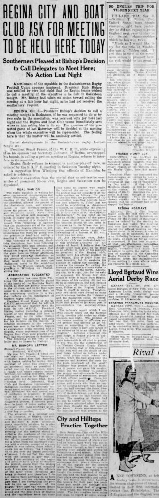 The saga continues (Saskatoon Star Phoenix, 3 November 1921).