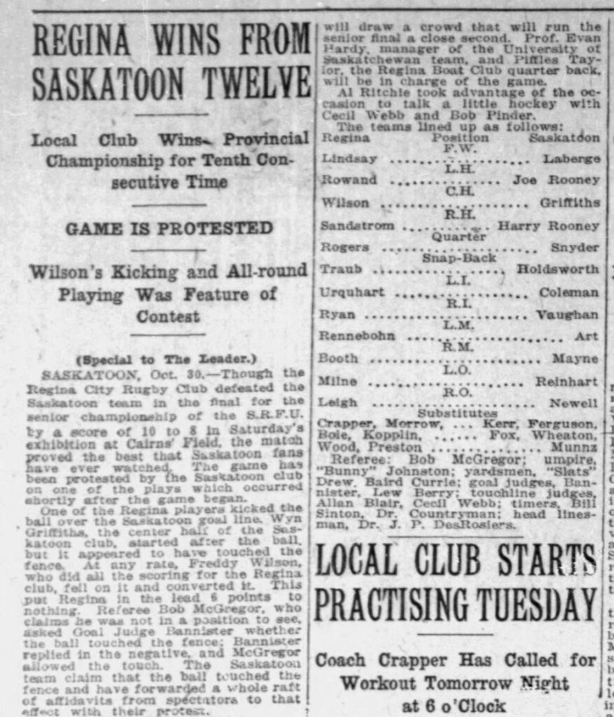 Article in the Regina Leader-Post about Regina initially winning the SRFU championship (31 November 1921).