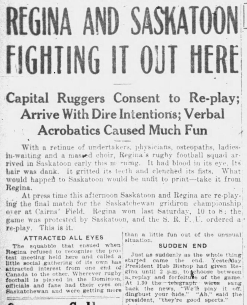 Article in the Saskatoon Daily Star with the final resolution: Regina and Saskatoon will play a rematch (4 November 1921).