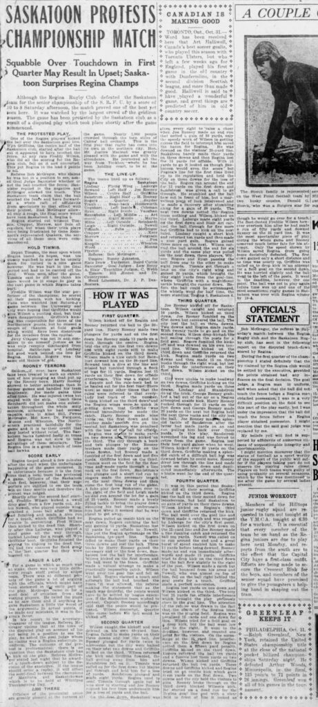 Article in the Saskatoon Daily Star summarizing the SRFU championship game that was protested by Saskatoon (31 October 1921).