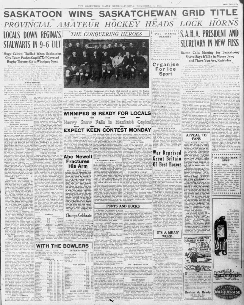 Game coverage of Saskatoon's victory in the rematch (Saskatoon Daily Star, 5 November 1921).