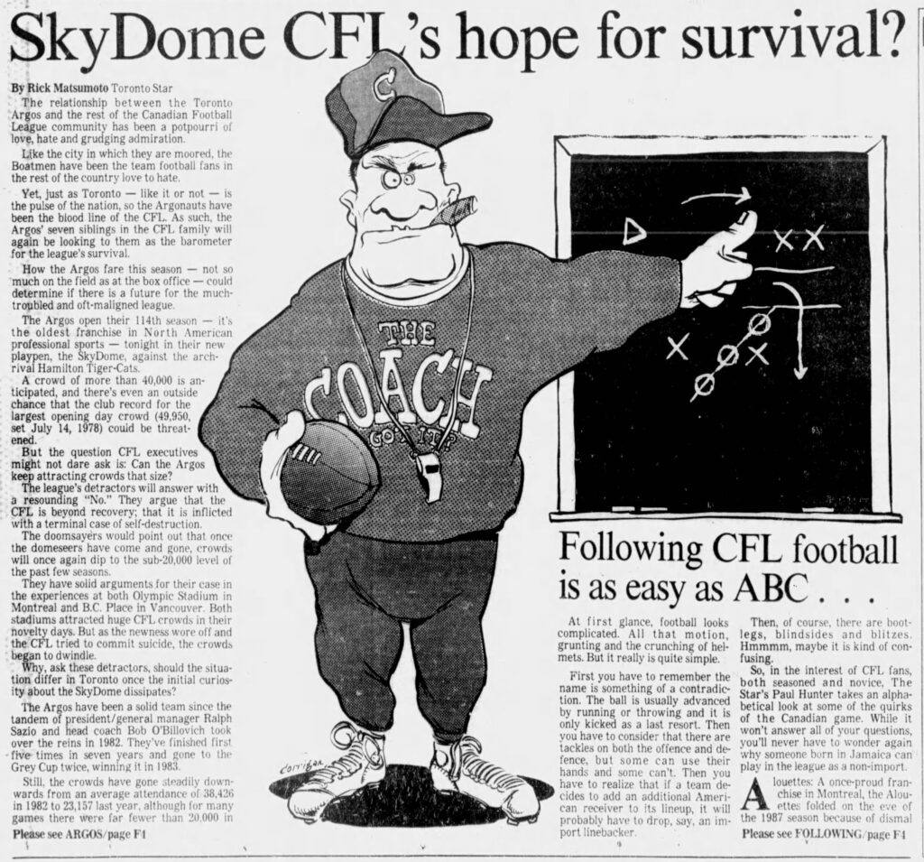 Article in the Toronto Star touting the SkyDome as a saviour for the CFL