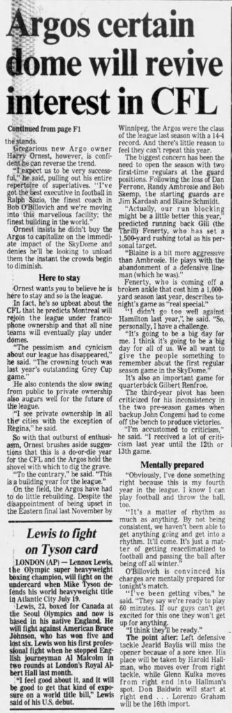 Article in the Toronto Star touting the SkyDome as a saviour for the CFL