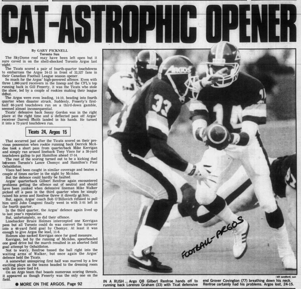Coverage in the Toronto Sun of the opening CFL game at SkyDome.