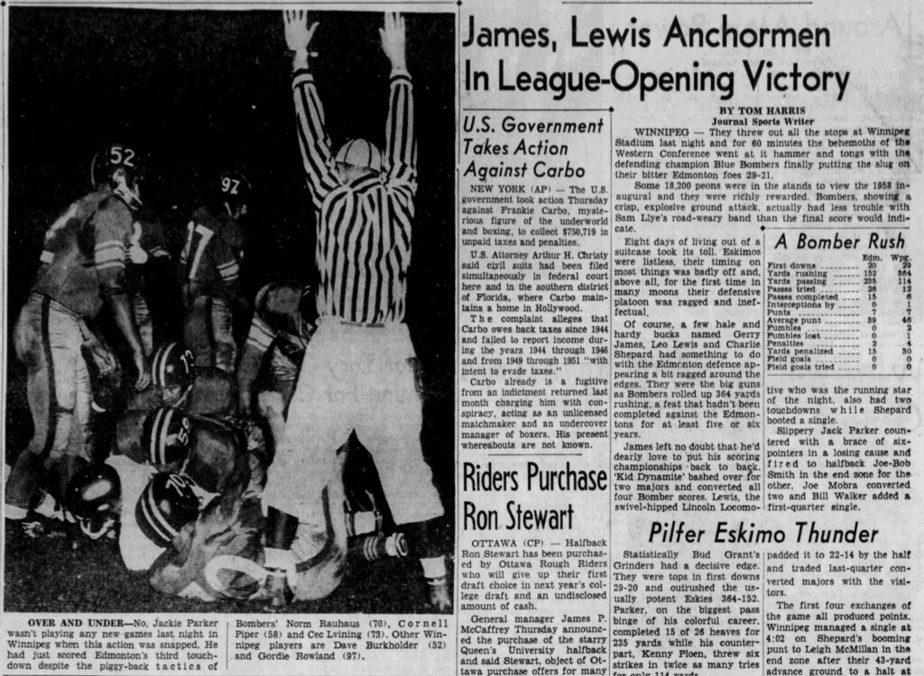 Account of the first CFL game (Edmonton Journal, 15 August 1958)