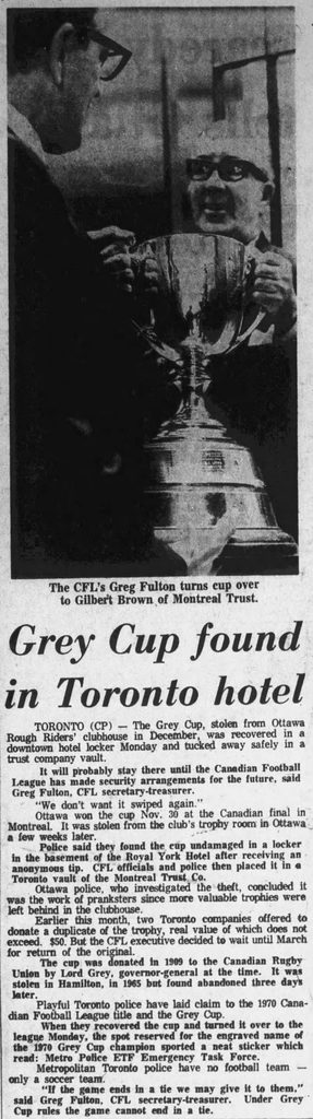Grey Cup found! Article in the Hamilton Spectator (17 February 1970).