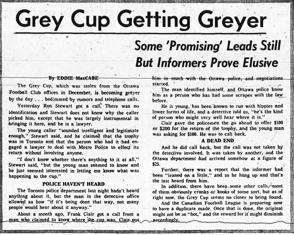 Continuing coverage in the Ottawa Citizen looking for the missing Grey Cup (10 February 1970)