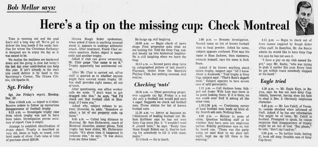 Dragnet parody about the missing Grey Cup in the Ottawa Citizen (22 December 1969).