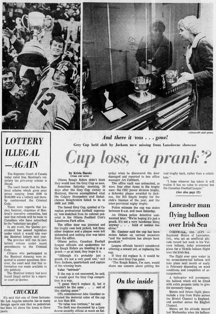 News article in the Ottawa Citizen about the Grey Cup being stolen (22 December 1969).