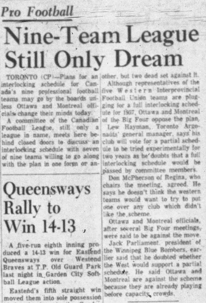 Canadian Press article about lack of interlocking schedule for the new CFL. (St. Catharines Standard, 8 August 1958).