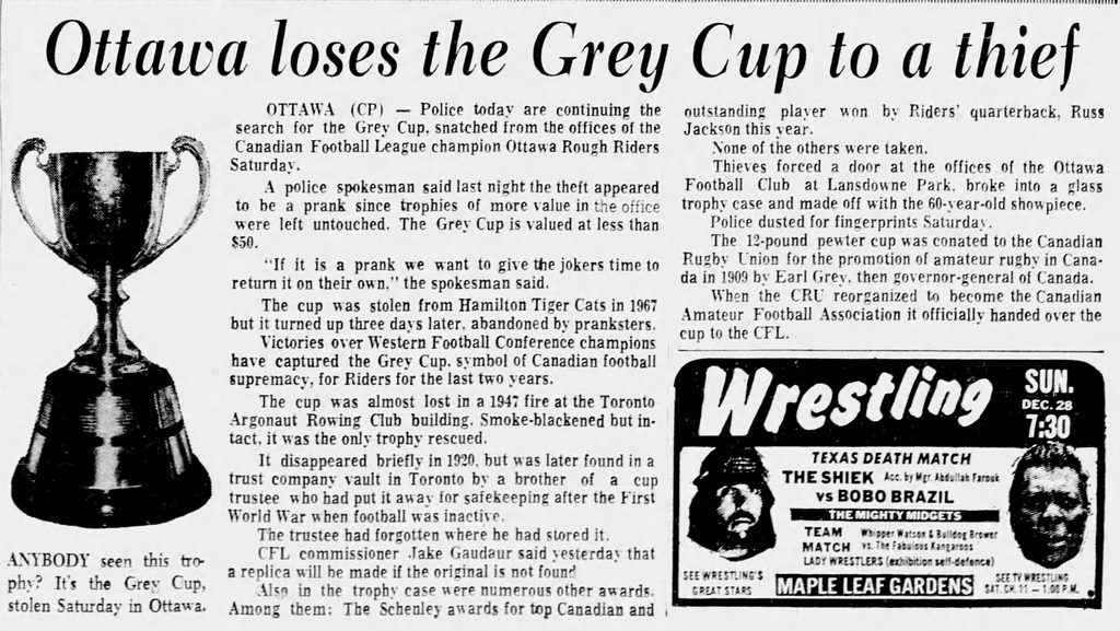 Canadian Press article in the Toronto Star about the Grey Cup being stolen (22 December 1969).