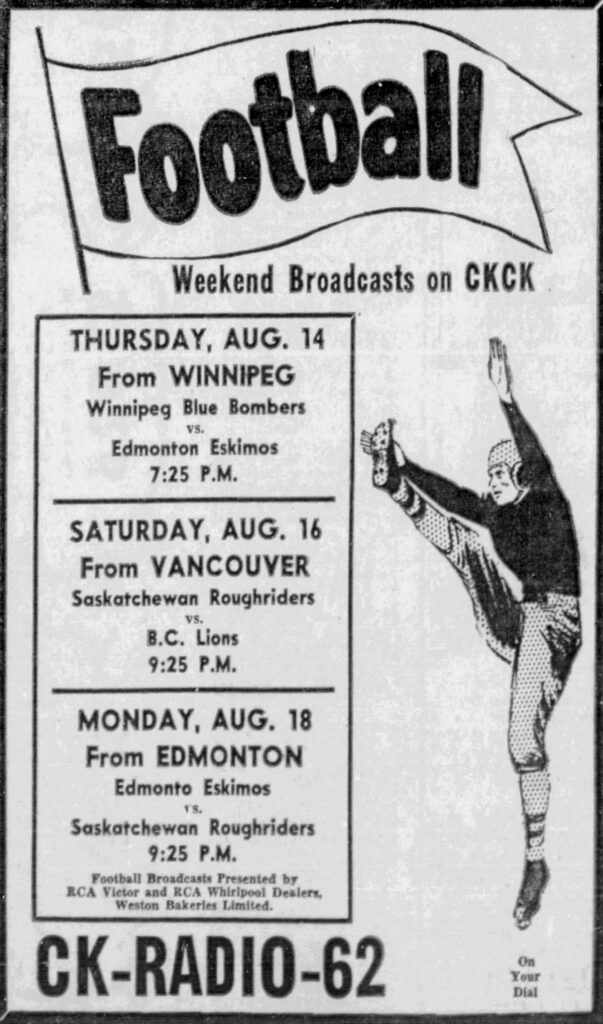 Advertisement for radio broadcasts of the first CFL games (Regina Leader-Post, 14 August 1958).