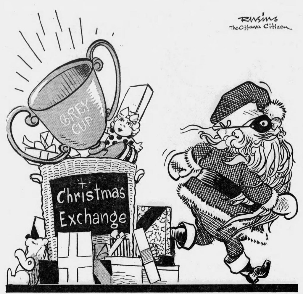 Cartoon in the Ottawa Citizen poking fun at the Grey Cup's disappearance around Christmas in 1969 (23 December 1969).