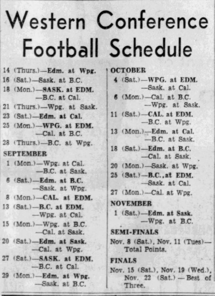 The 1958 WIFU schedule (Edmonton Journal, 14 August 1958).