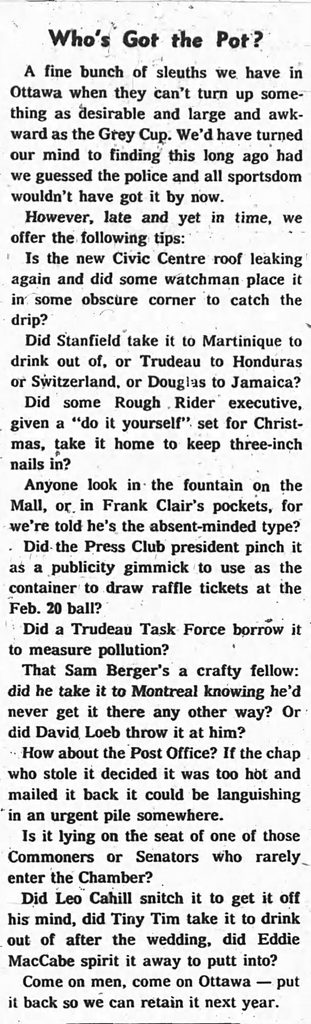Ottawa Journal column with some light-hearted humour when it comes to the Grey Cup's disappearance (6 January 1970).