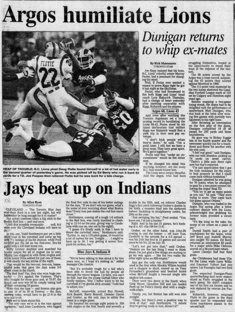 Toronto Star article by Rick Matsumoto about the Argos' 68-43 win over BC (Toronto Star, 2 September 1990).