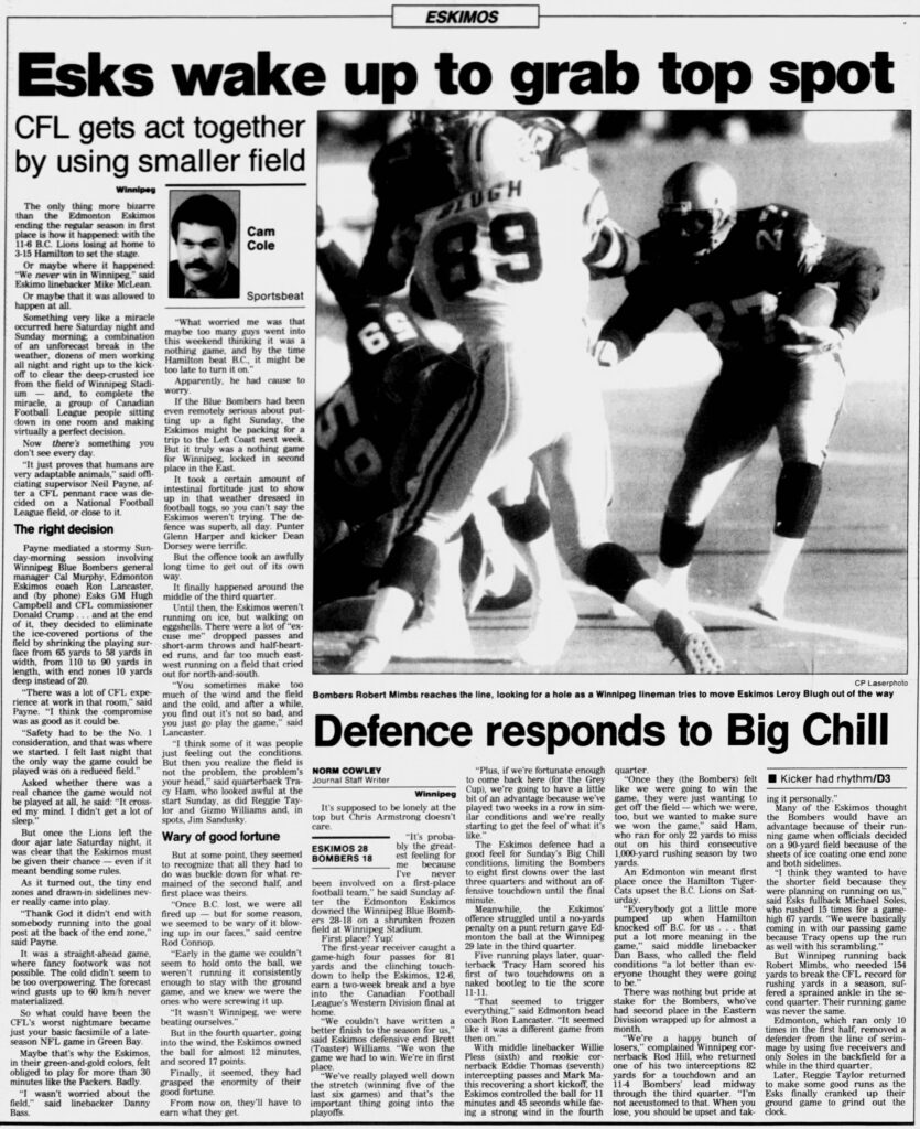 Article by Cam Cole in the Edmonton Journal about the shortened CFL field (4 November 1991).